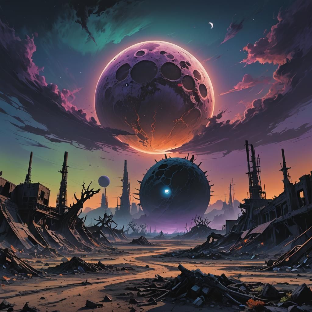 Surreal Black Moon over Nuclear Wasteland