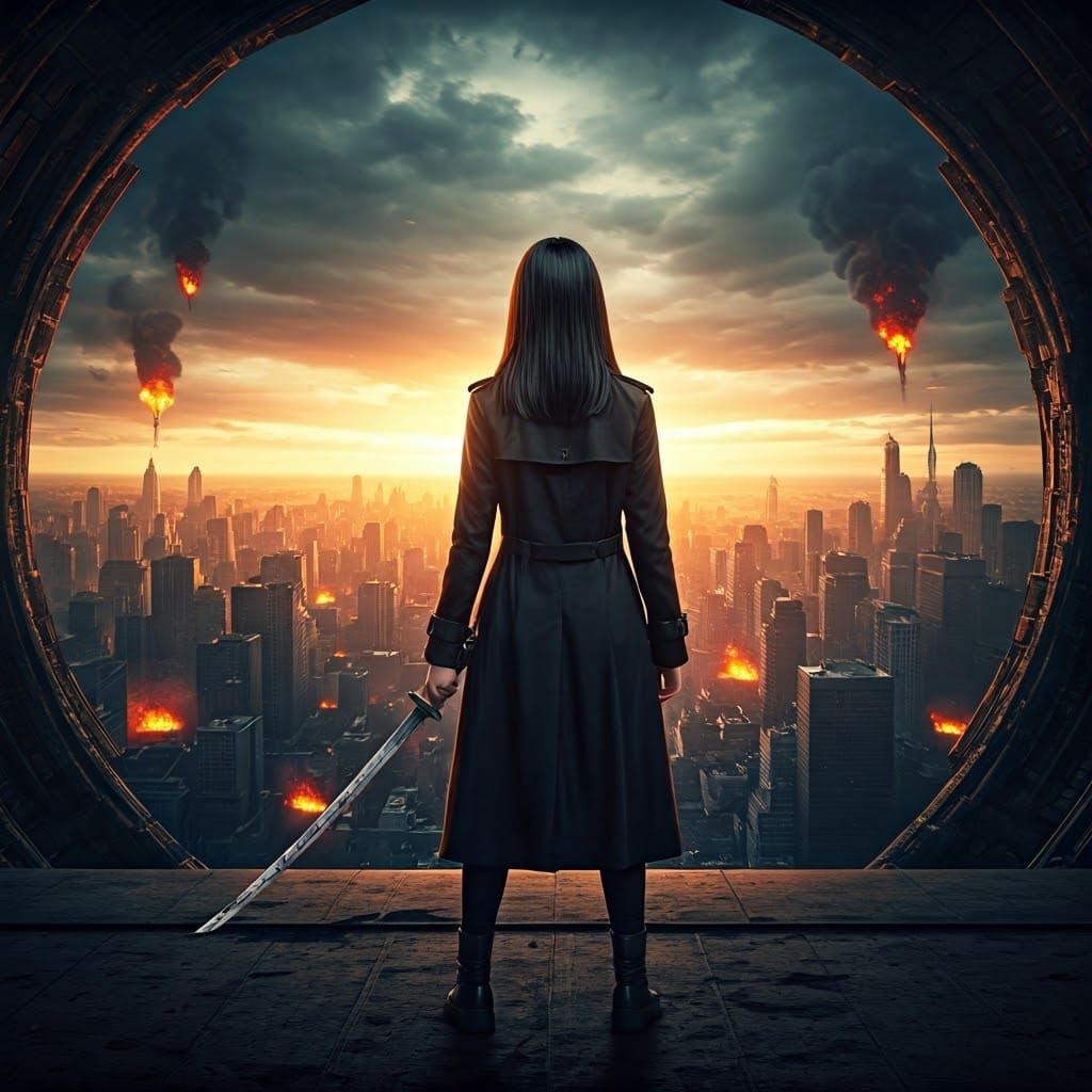Dystopian Heroine with Jian Sword in Burning City