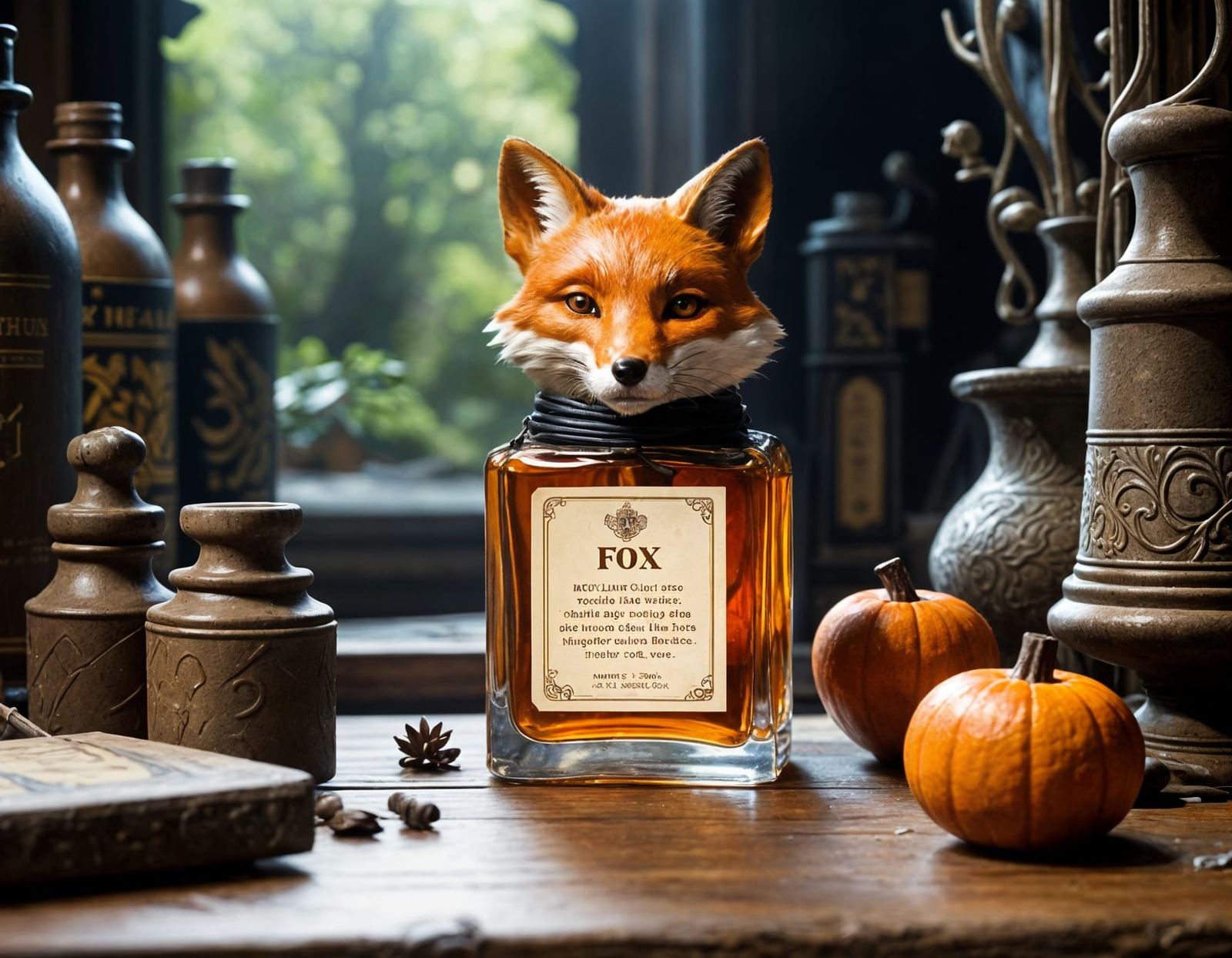 Fantasy Potion Bottle in the Shape of a Fox with a Fox in th...