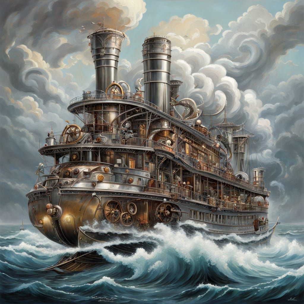 Steampunk Paddle Steamer in Precisionist Style