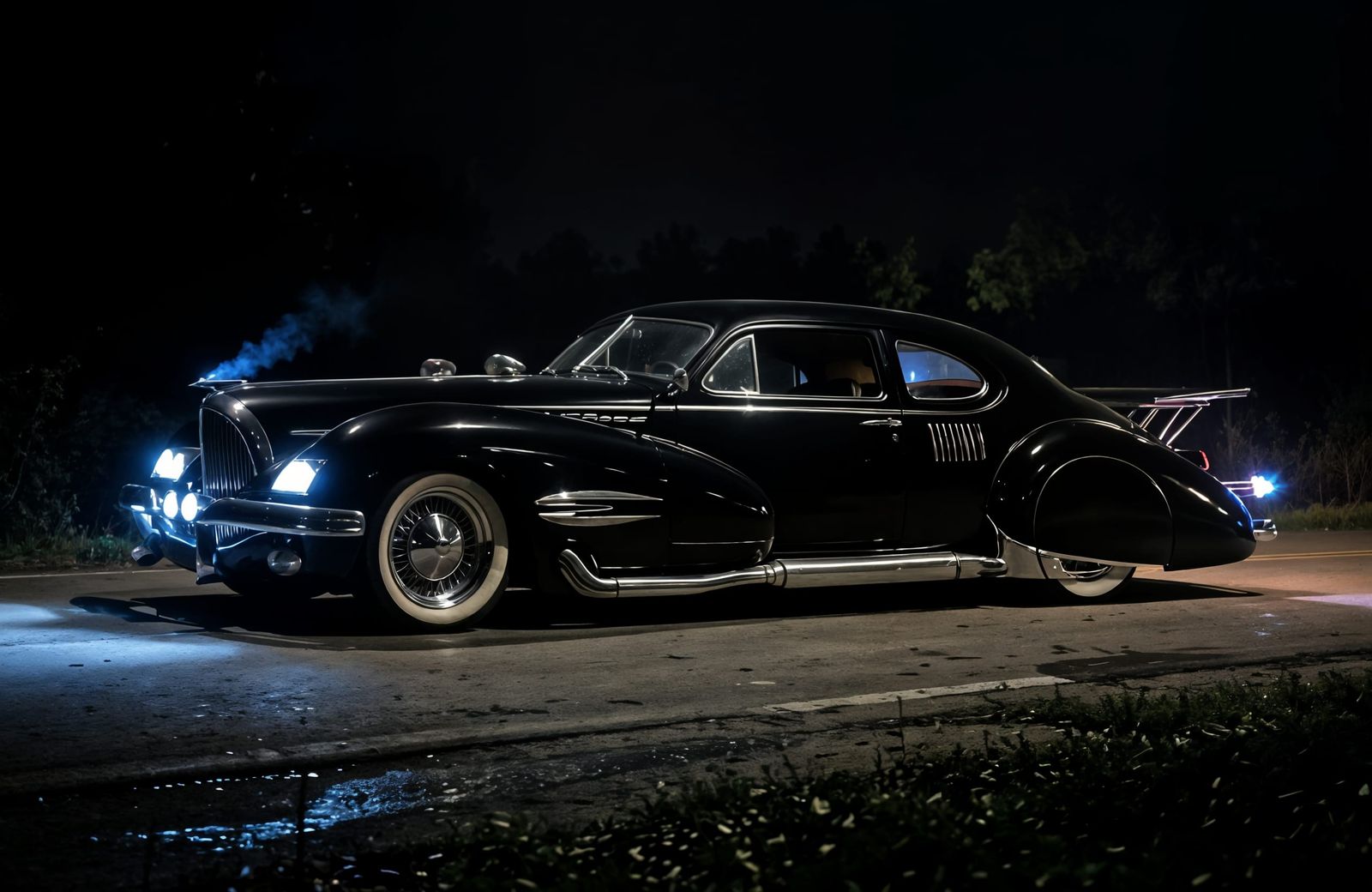 1940s Black Luxury Car Speeds Through Night Road