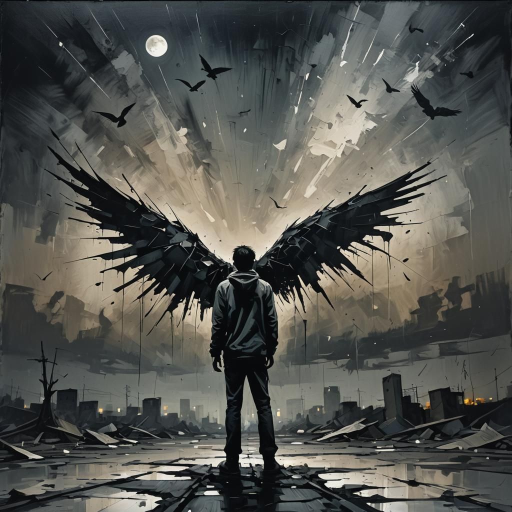 Abstract Expressionism: Grounded Figure with Broken Wings