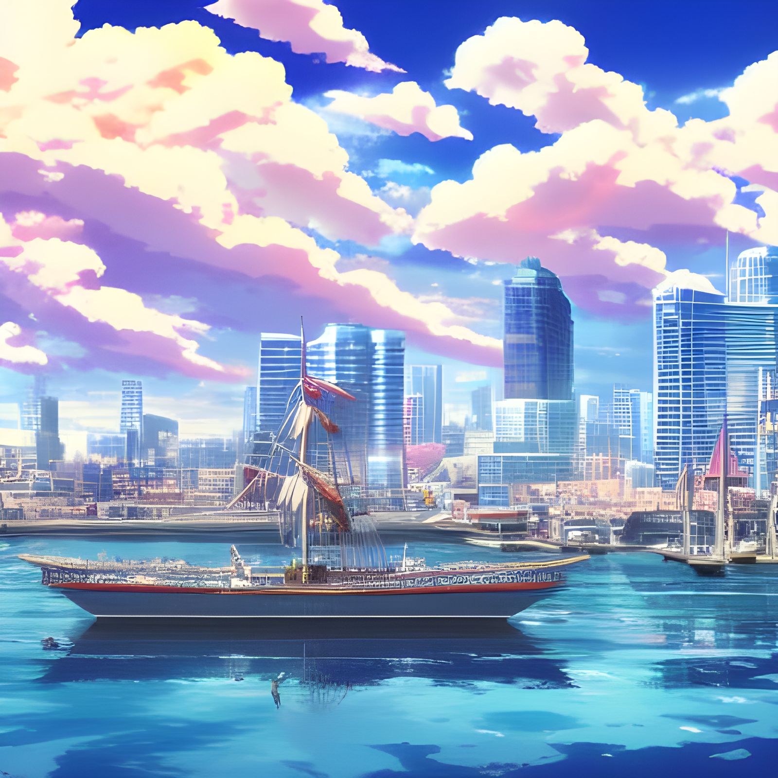 Anime Seaport Scene with Boats and Birds