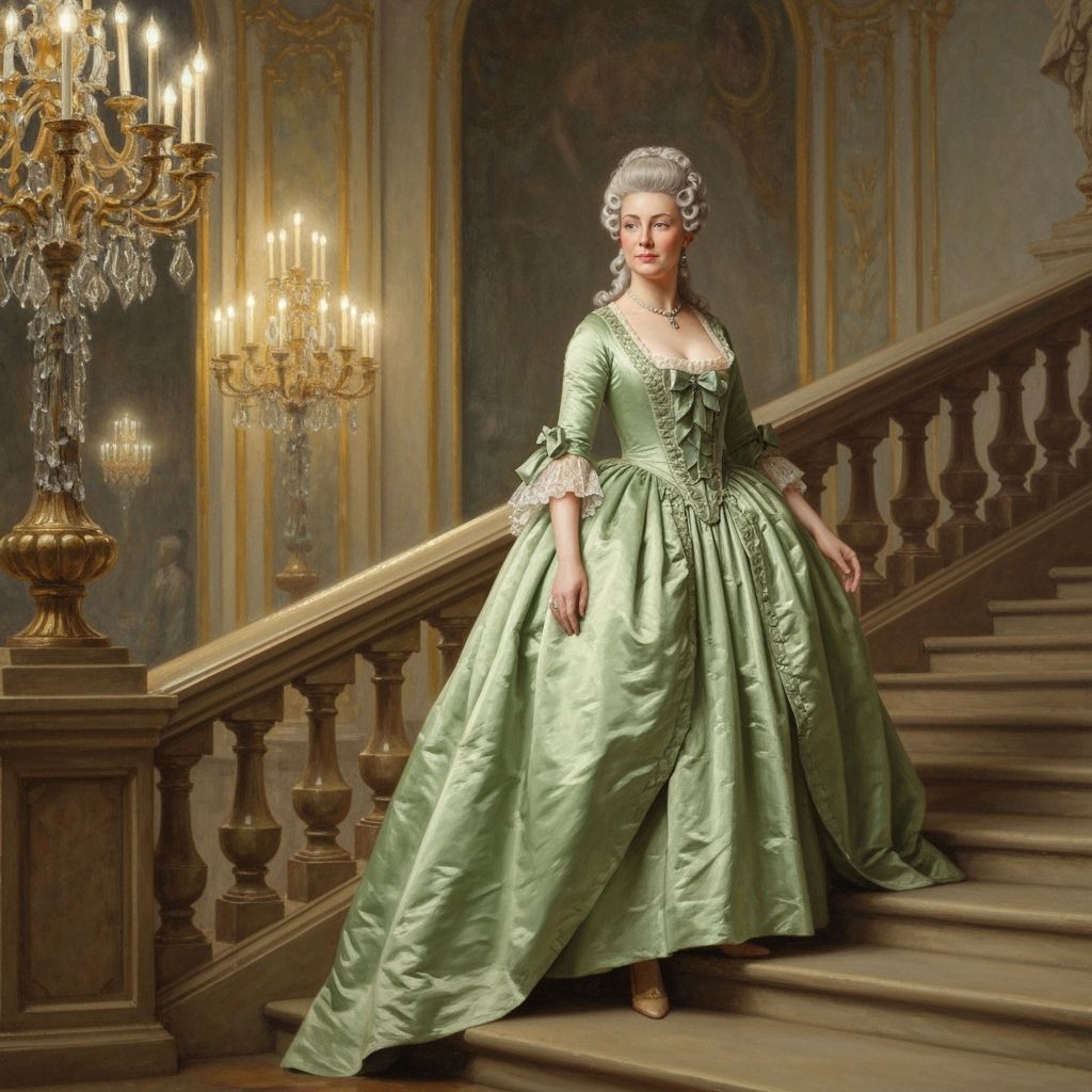 Elegant Aristocrat Descends Palace Stairs in Rococo Style