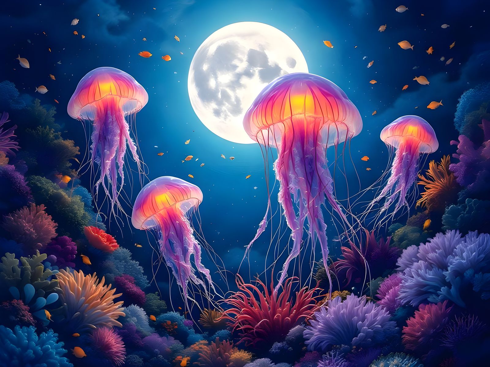 Moonlit Jellyfish in Coral Reef, Digital Art