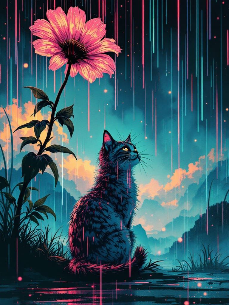 Cyberpunk Cat Under Neon Flowers, Hokusai Style