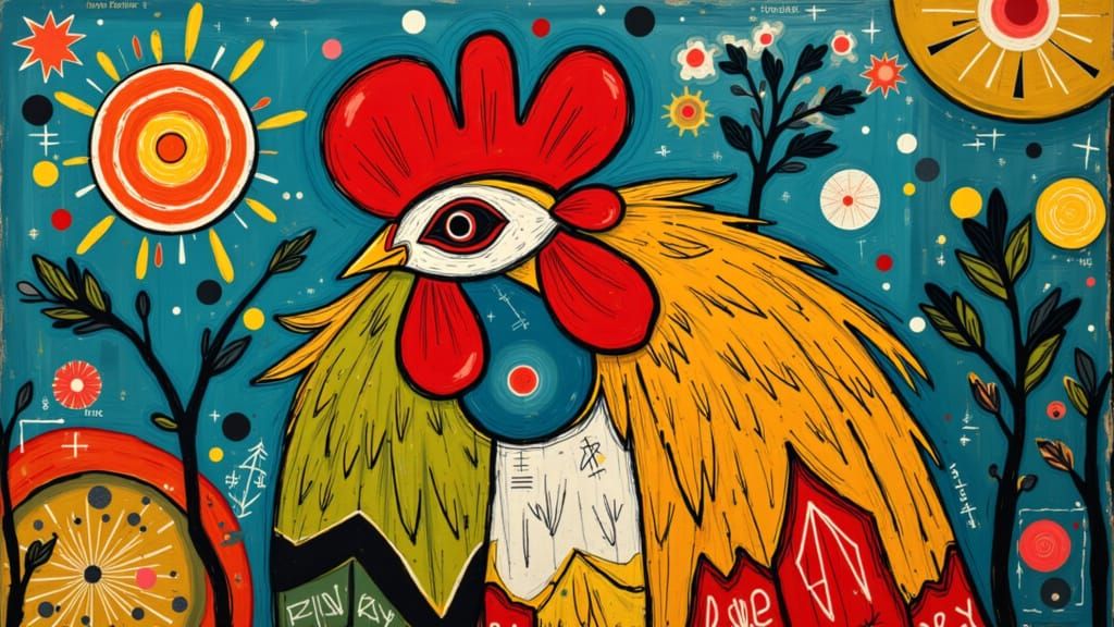 Folk Art Rooster Portrait in Naive Style