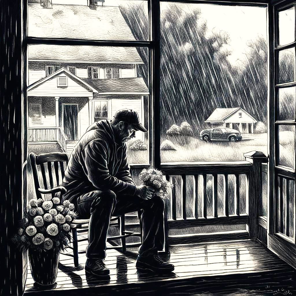 Sad Man with Flowers in Charcoal Drawing