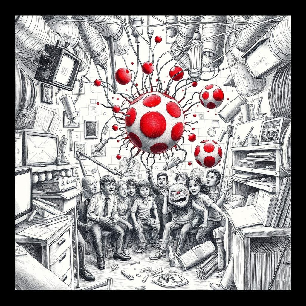Red Dots Overwhelmed: Intricate Pencil Sketch