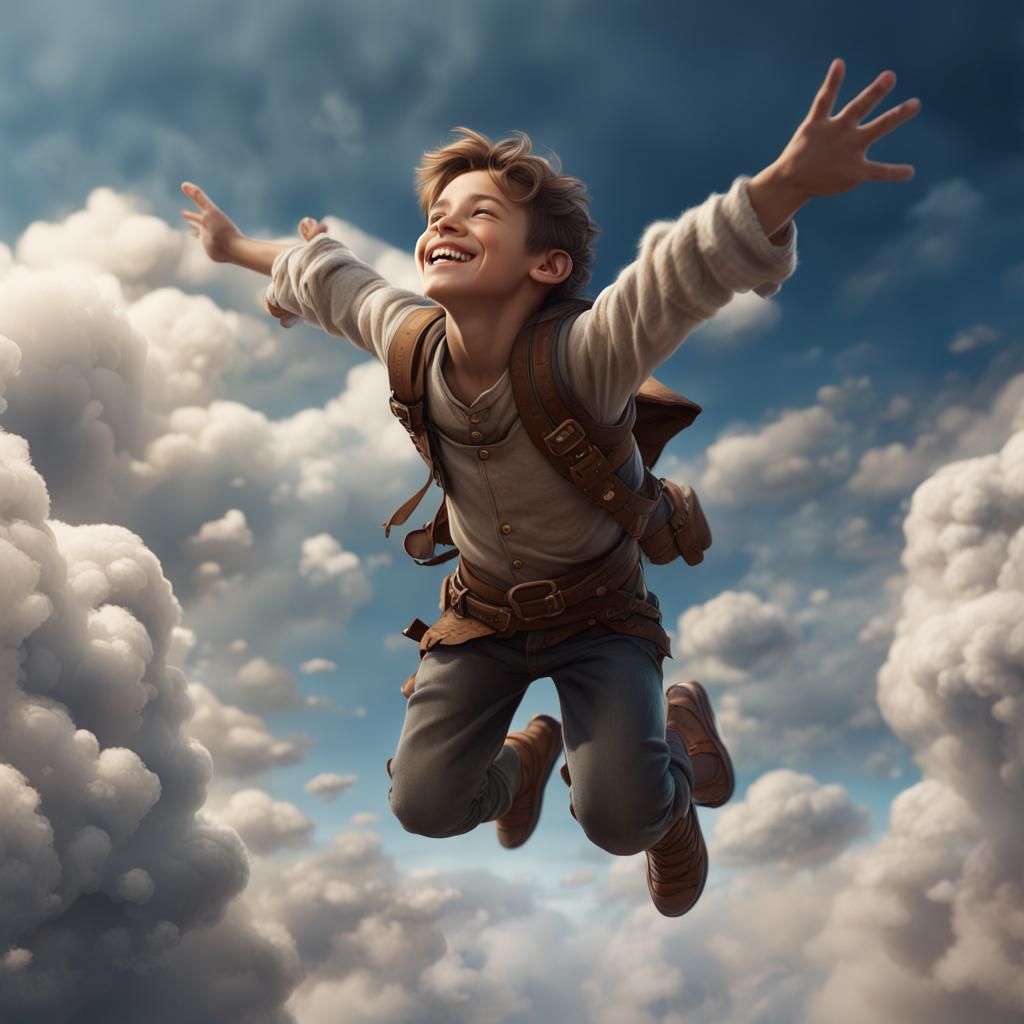 Boy Flying Through Clouds: Fantasy Concept Art