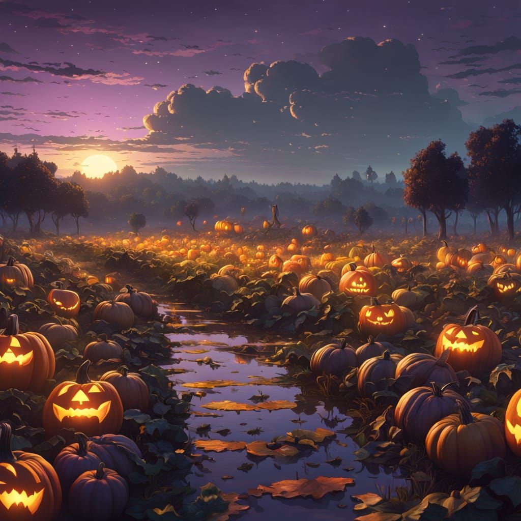 a pumpkin field at dusk