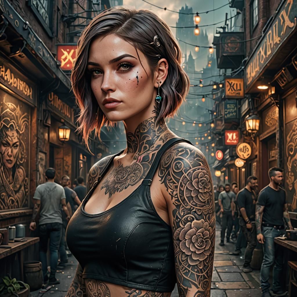 Tattooed Woman in Movie Poster Style