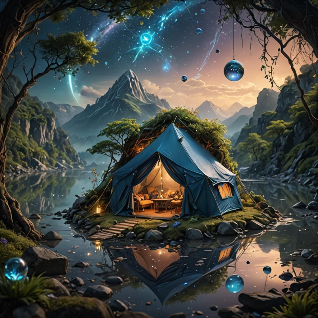 Miniature Tent by River with Bioluminescent Planets