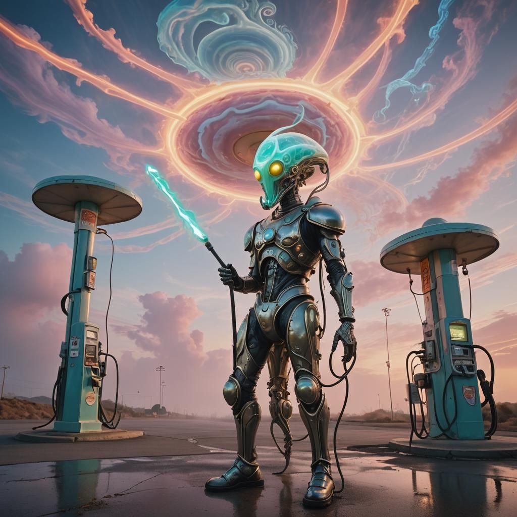 Painter at Alien Gas Station in Surreal Style