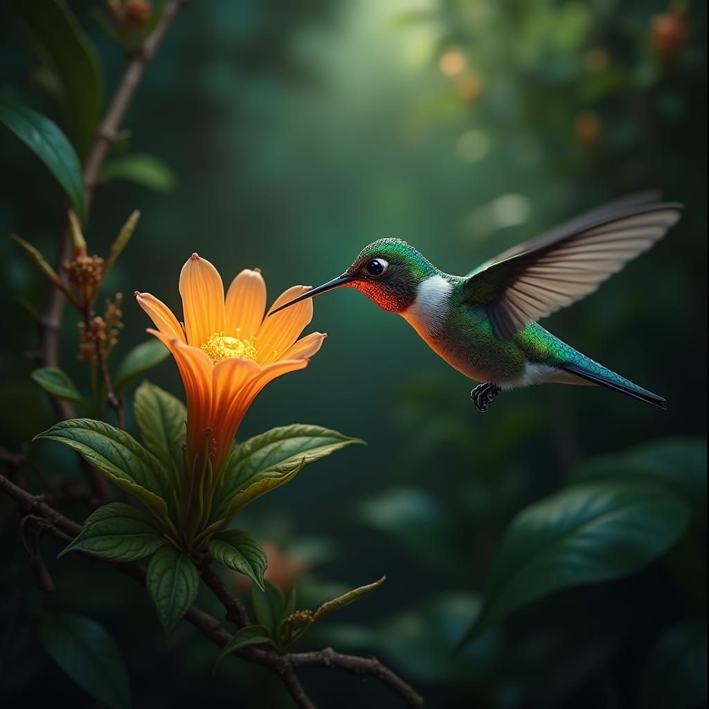 Hyperrealistic Hummingbird in a Jungle Glade, Inspired by Ar...