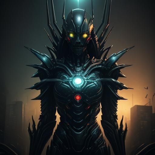 Biomechanical Alien Queen in Ruined Cityscape