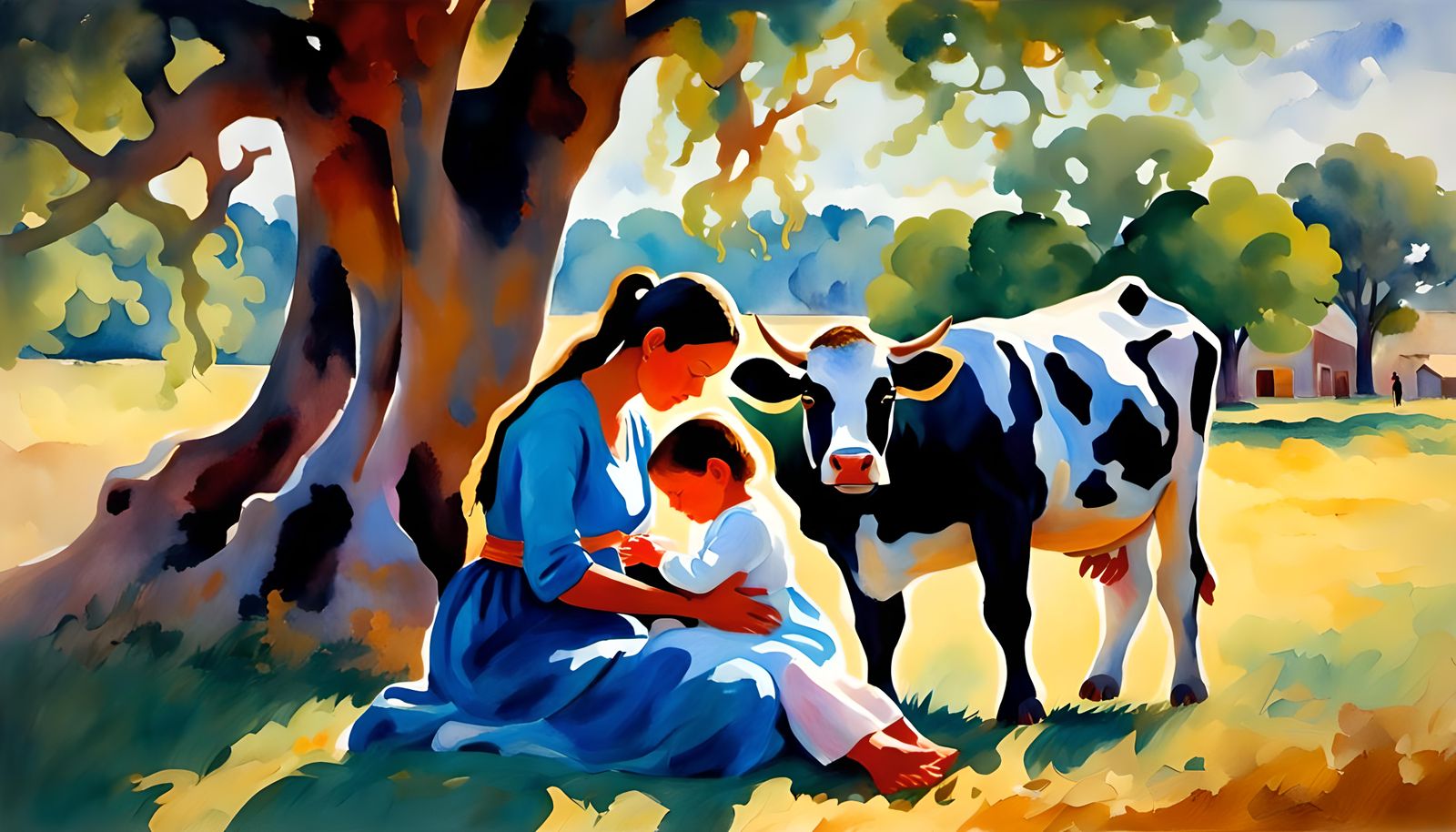 Woman and Child with Cow, Gouache Watercolor Painting