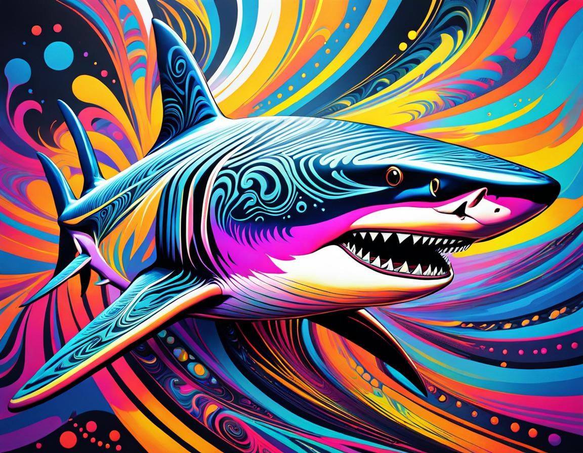 Glowing Patterned Shark in Psychedelic Liquid Art