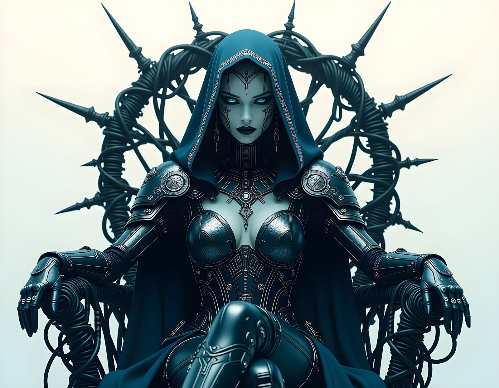 Cyborg Priestess on Throne in Pop Surrealism Style