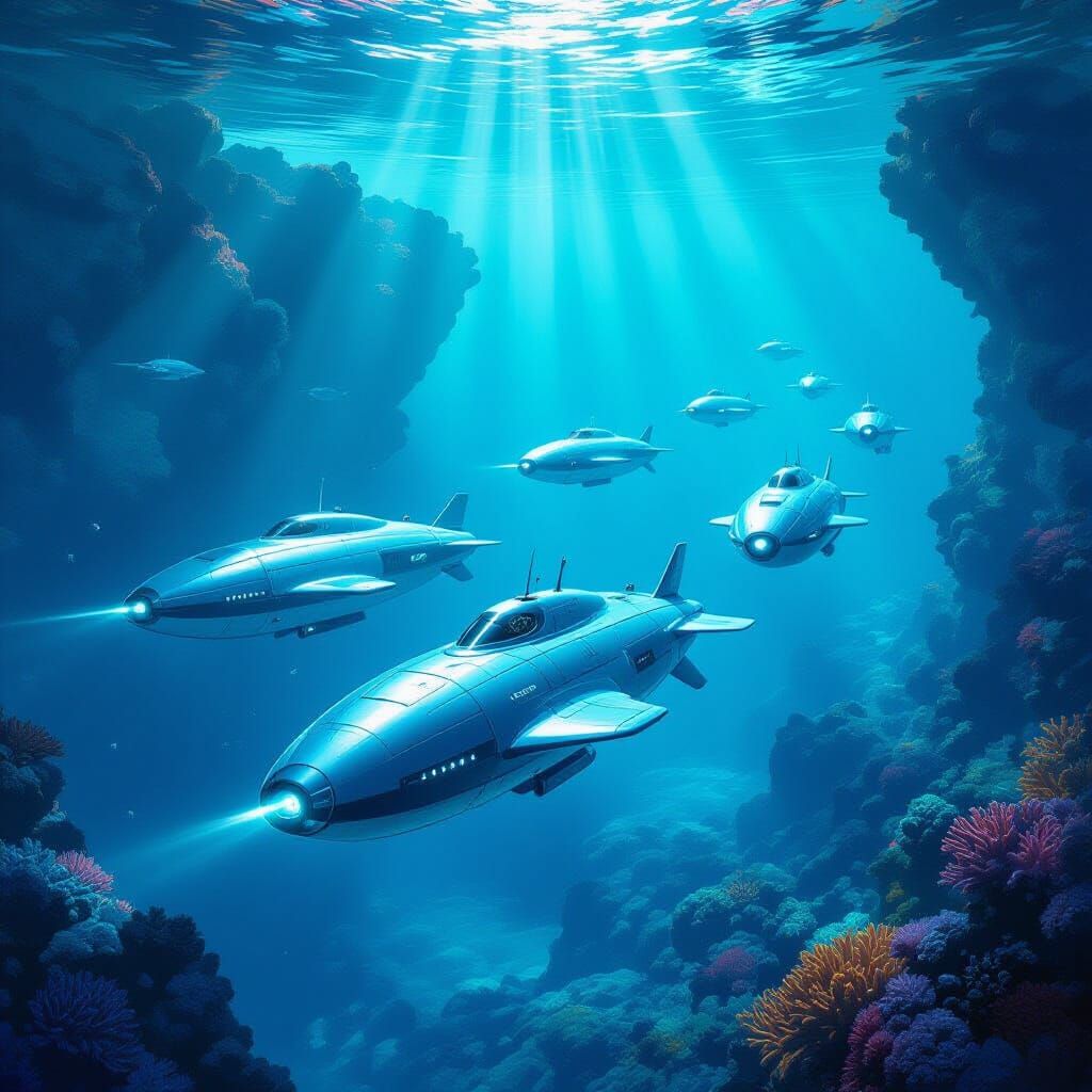 Futuristic Submarines Explore Bioluminescent Alien Ocean