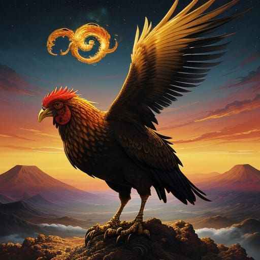 Majestic Phoenix-Chicken Hybrid in Fiery, Dreamlike Landscap...