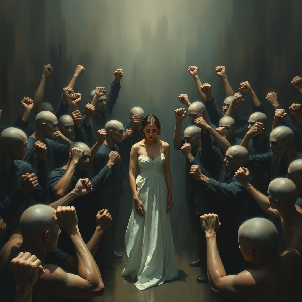 Fists of Frustration Surround Serene Female Form