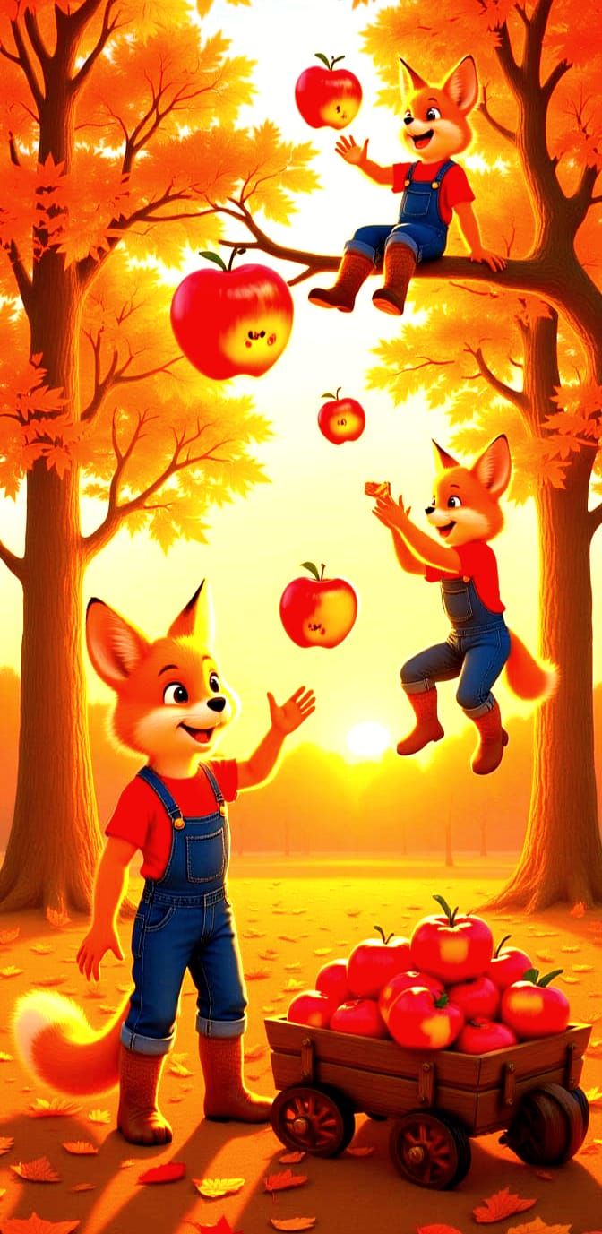 Autumn scene of beautiful foxes harvesting apples 🍎🍏