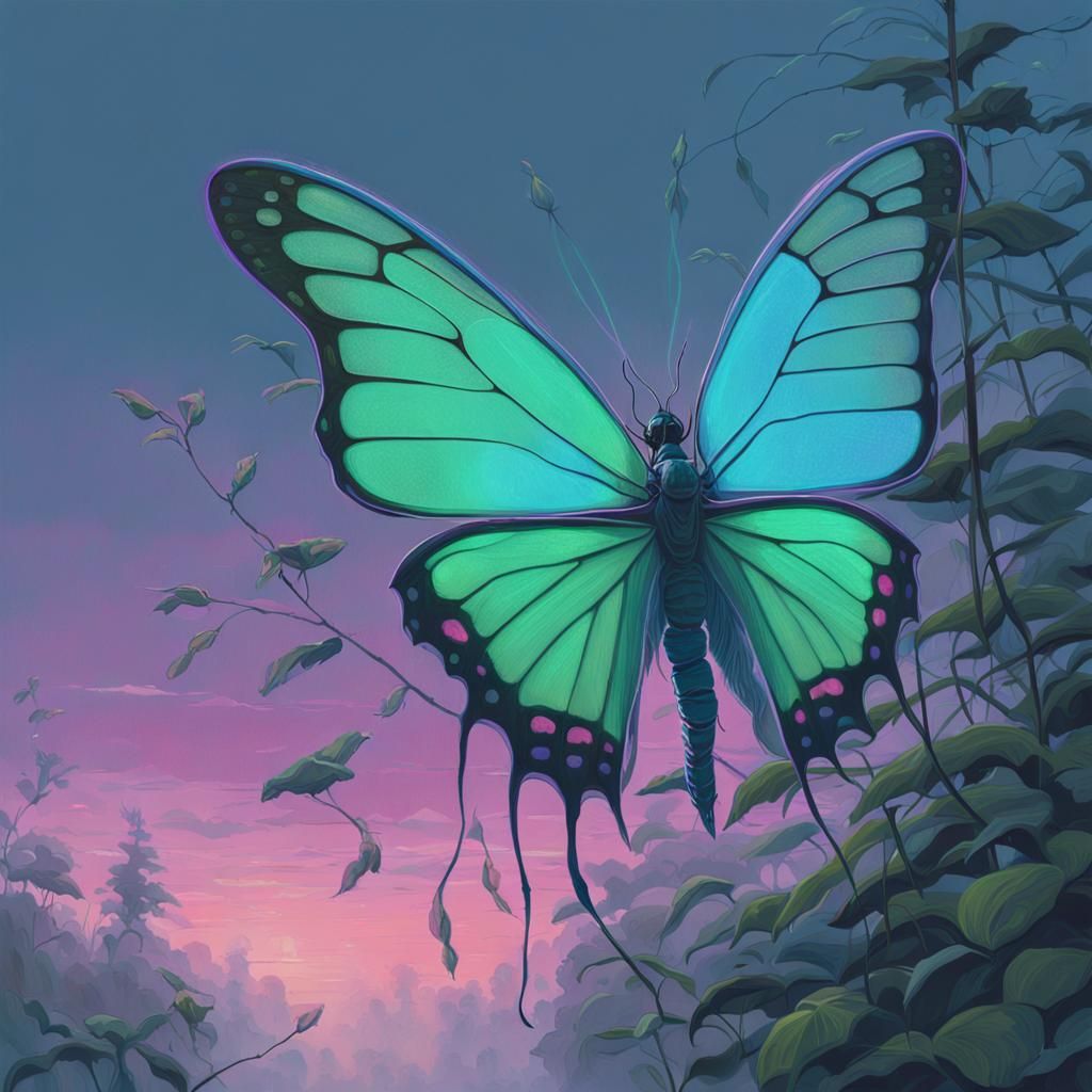 Luminous Butterfly Radiating Light in a Misty Verdant Scene
