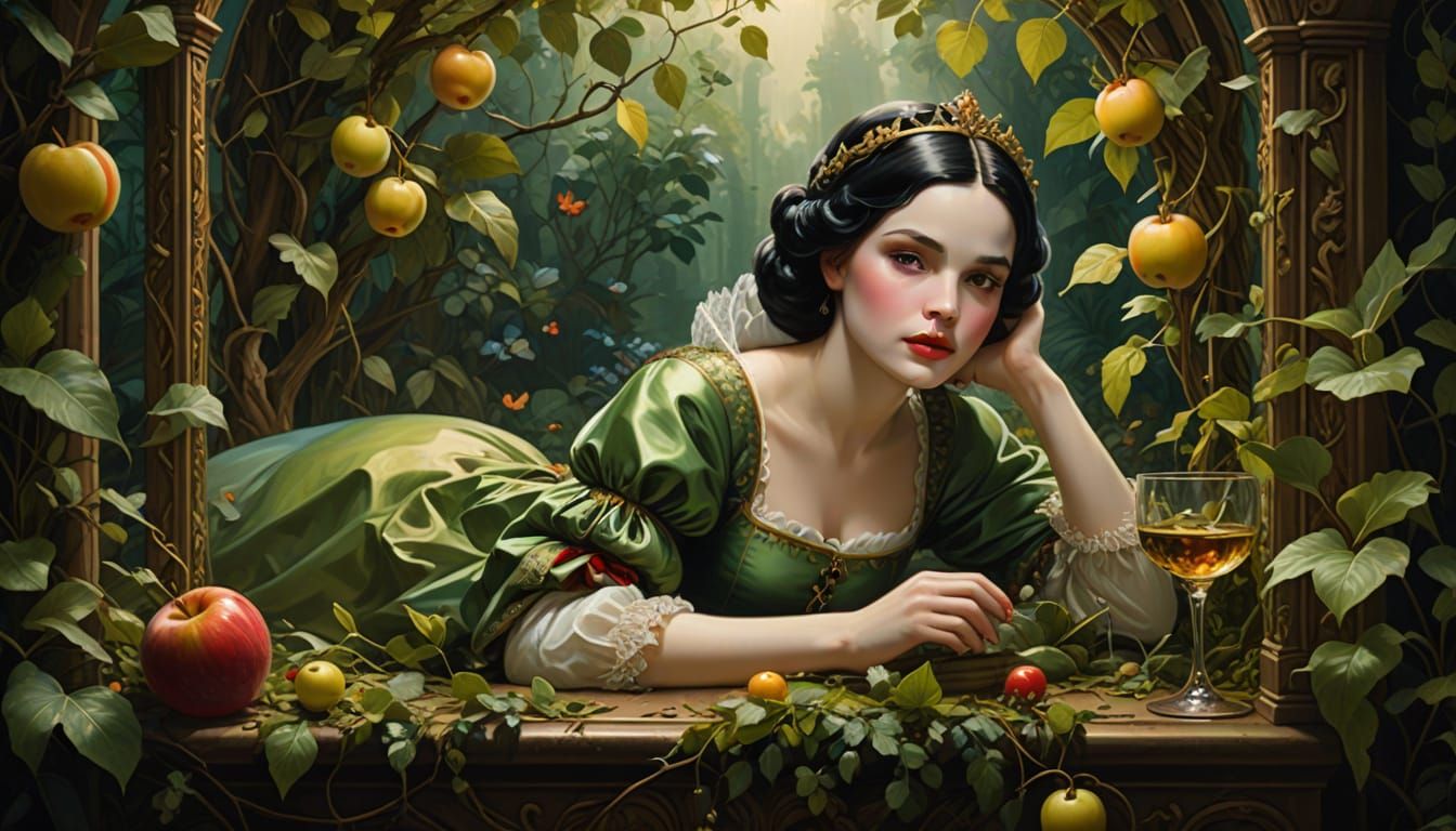 Snow White Slumbers in a Golden Glass Case, in the Style of ...