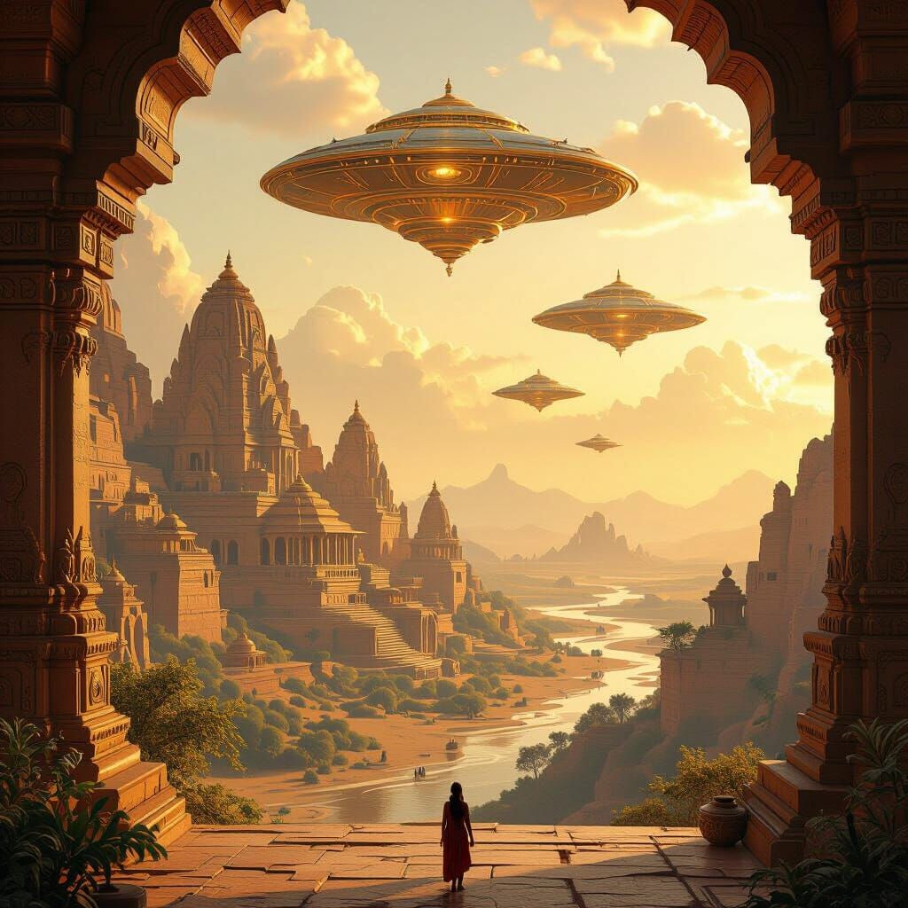 Majestic Flying Vimanas Soaring Over Ancient India