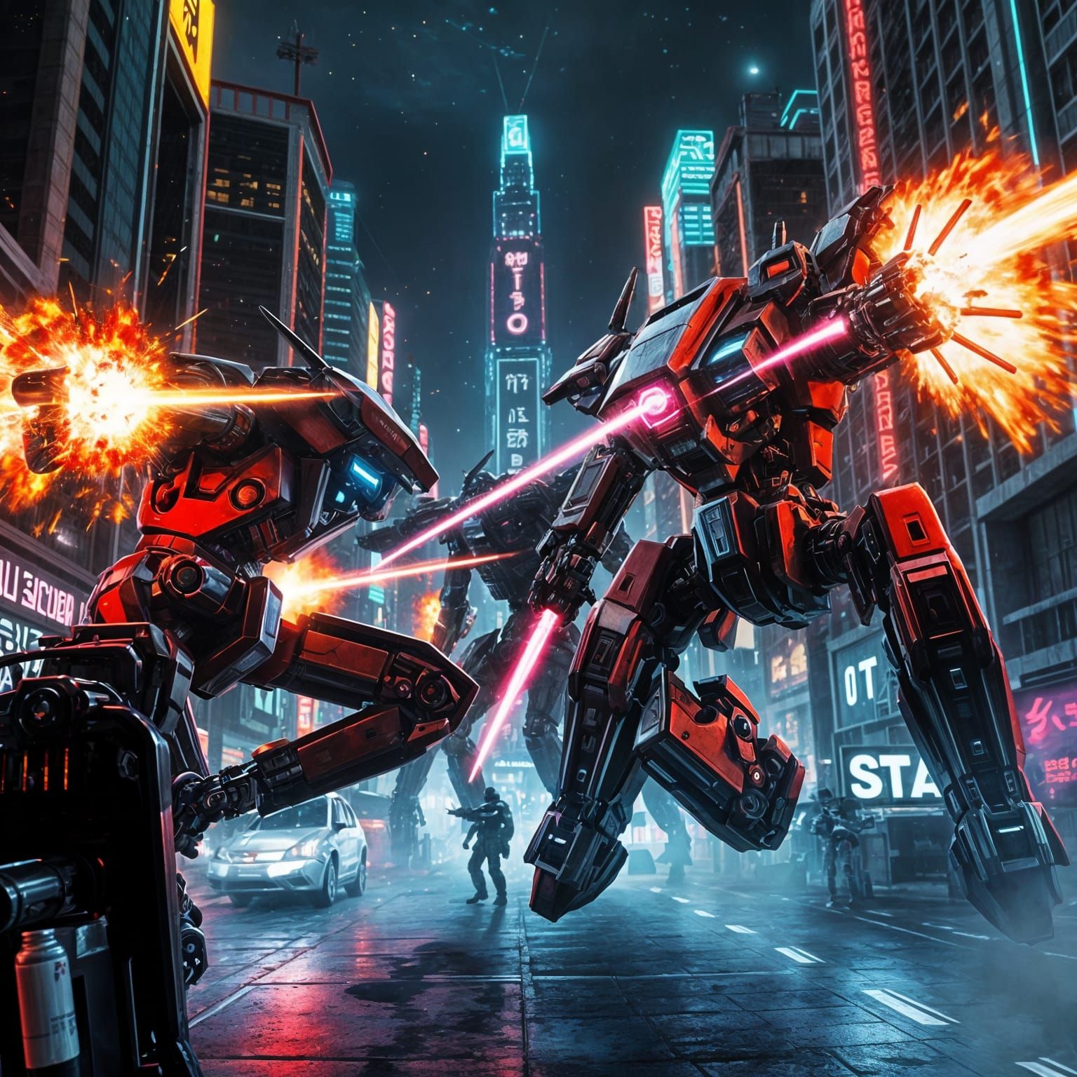 Mecha Battle with Holograms and Neon Lights