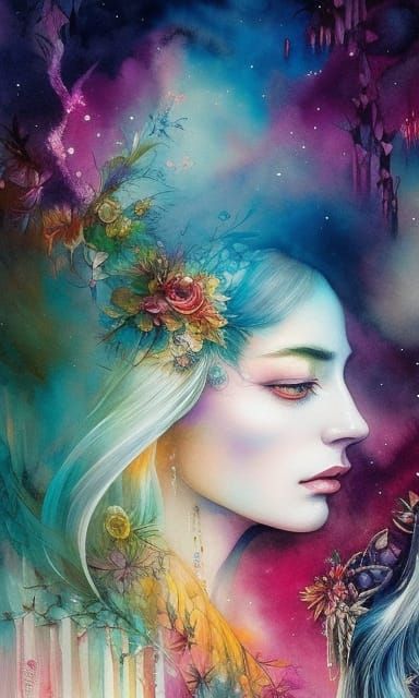 Dreamscape: Twin Women in Watercolor Style