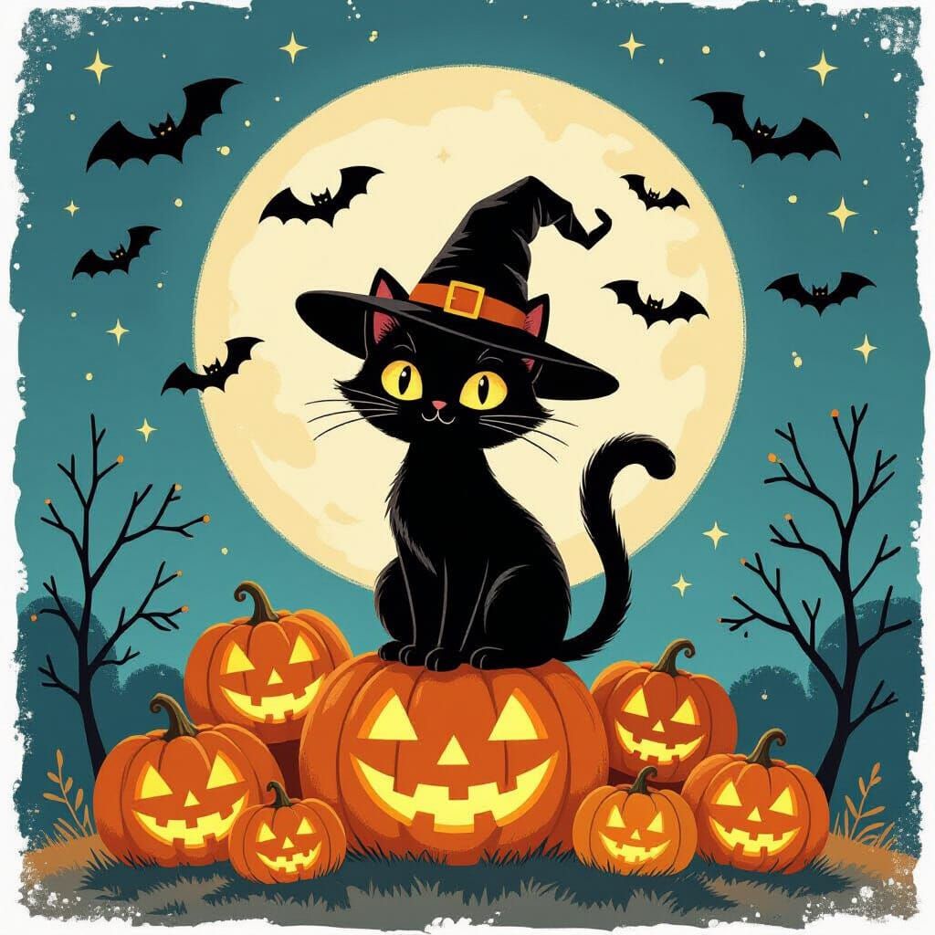 Whimsical Black Cat in Witch Hat with Pumpkins and Full Moon