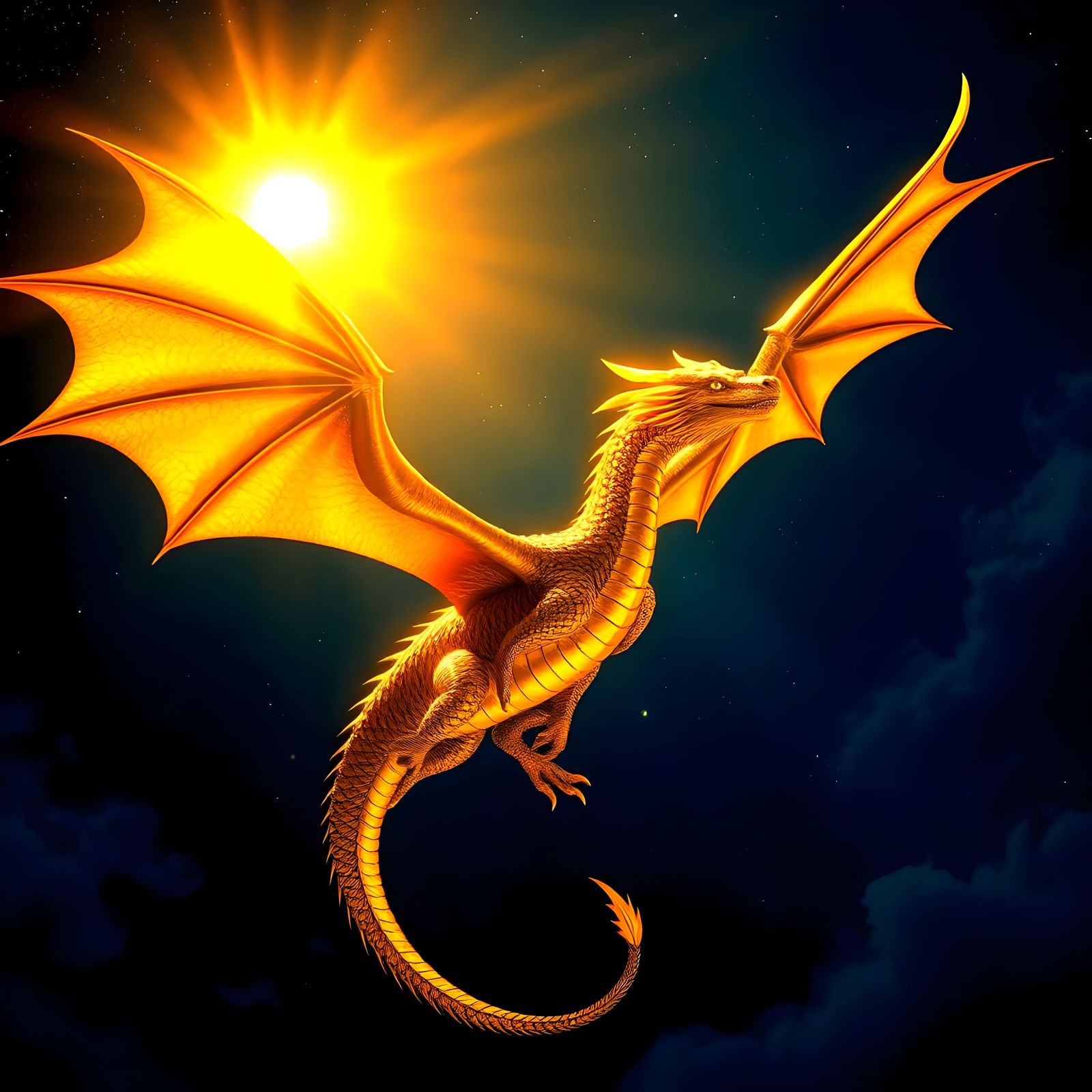 Majestic Golden Dragon Soaring in Night Sky