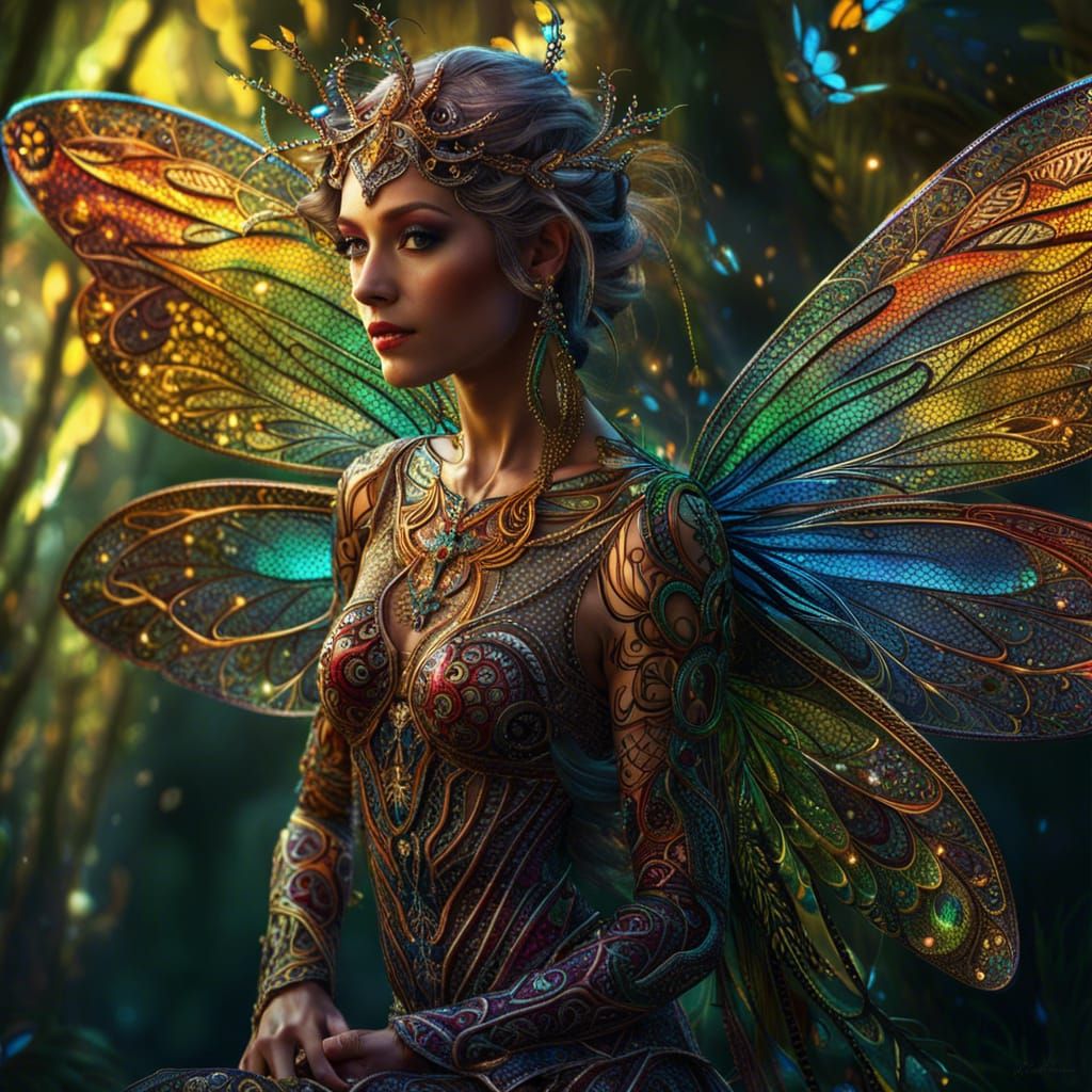 Forest Fairy with Dragonfly Wings in Pointillist Style