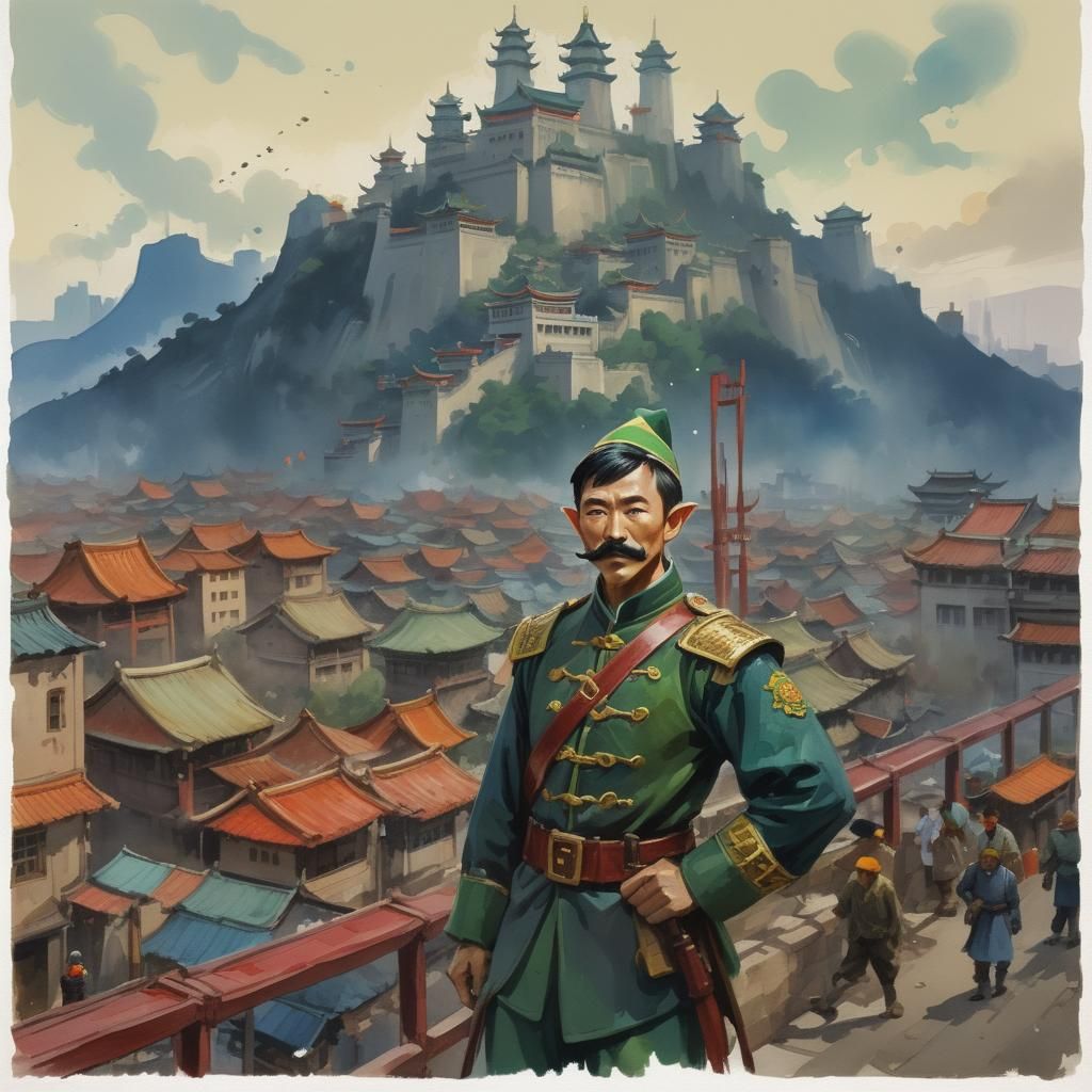 Chinese Elf in Cityscape, Gouache Watercolor Style