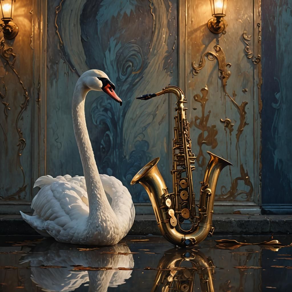 Swan and Saxophone in Magical Realism Style
