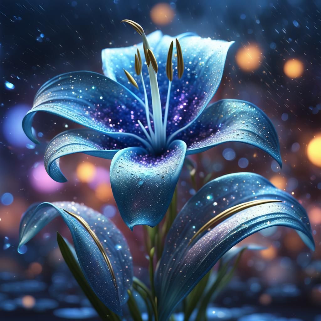 A Blue, Silver, glittery lily in a heavenly background with brilliant colors to match while turning