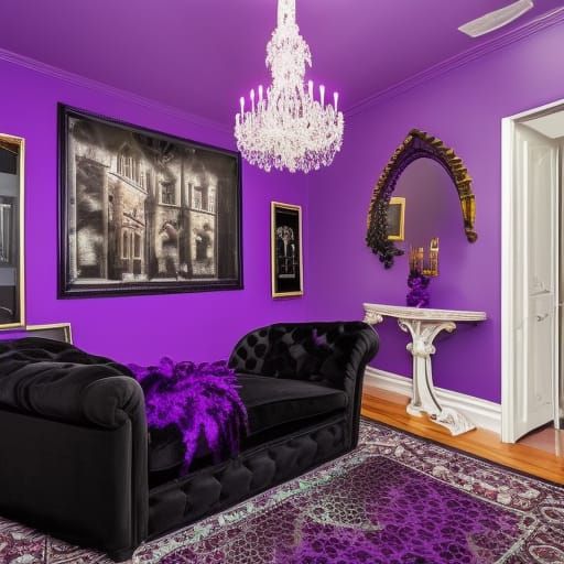 Gothic penthouse with vibrant purple walls with Black accents& purple lights mounted to the walls& purple lights hanging...