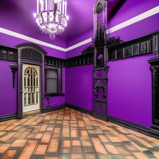 Gothic penthouse with vibrant purple walls with Black accents& purple lights mounted to the walls& purple lights hanging...