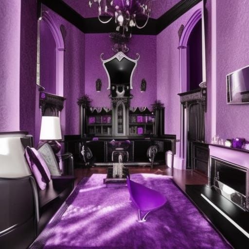 Gothic penthouse with vibrant purple walls with Black accents& purple lights mounted to the walls& purple lights hanging...