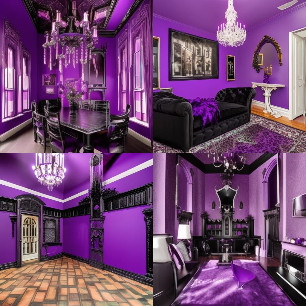 Gothic penthouse with vibrant purple walls with Black accents& purple lights mounted to the walls& purple lights hanging...