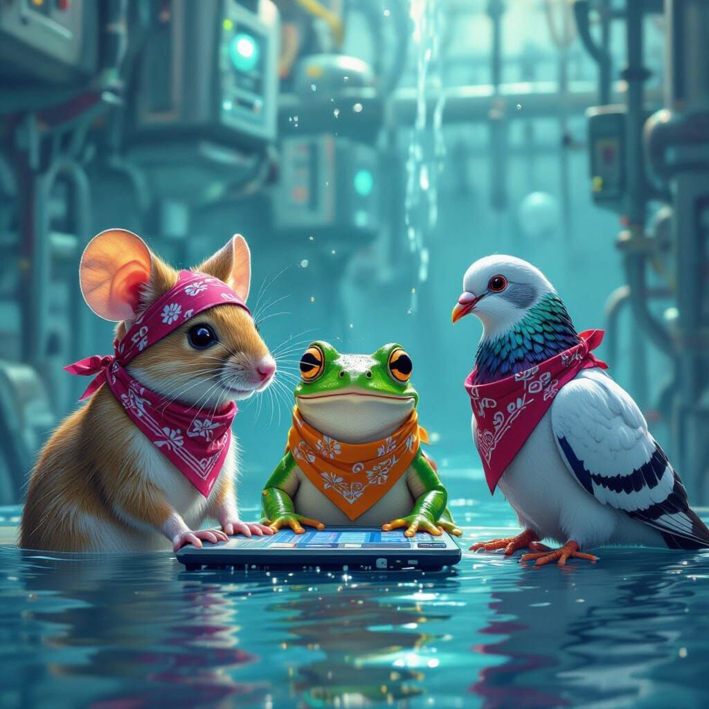Mouse, Frog, and Pigeon Teamwork in Hyperrealistic Splash Ar...
