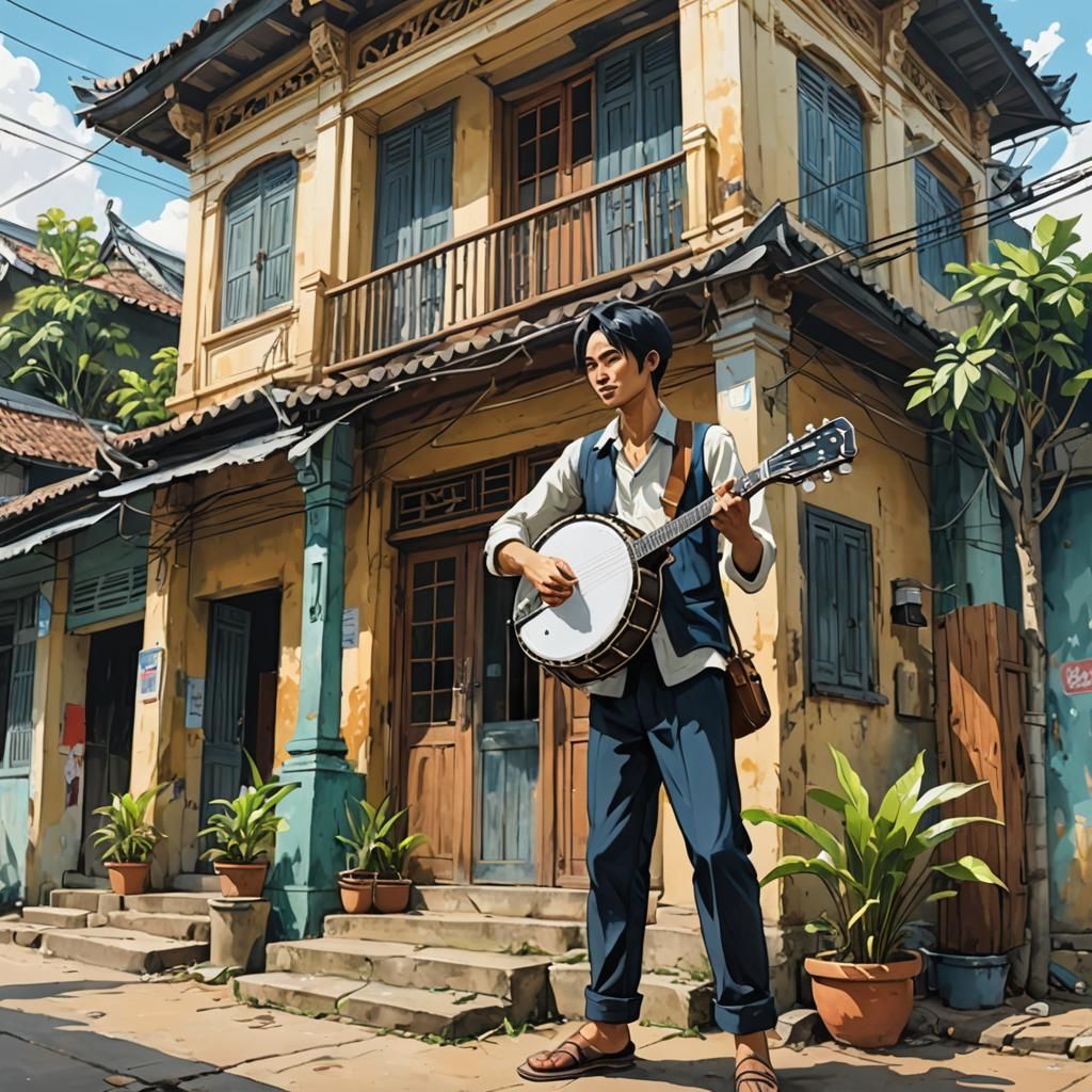 Vietnamese Man Plays Banjo in Anime Style
