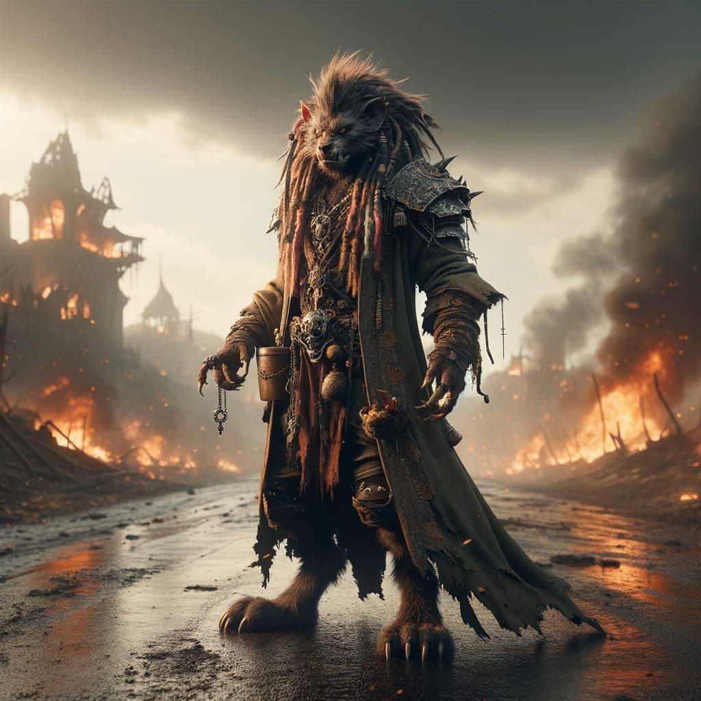 Gnoll Warlock Casting Spell in Burning Village, Comic Art