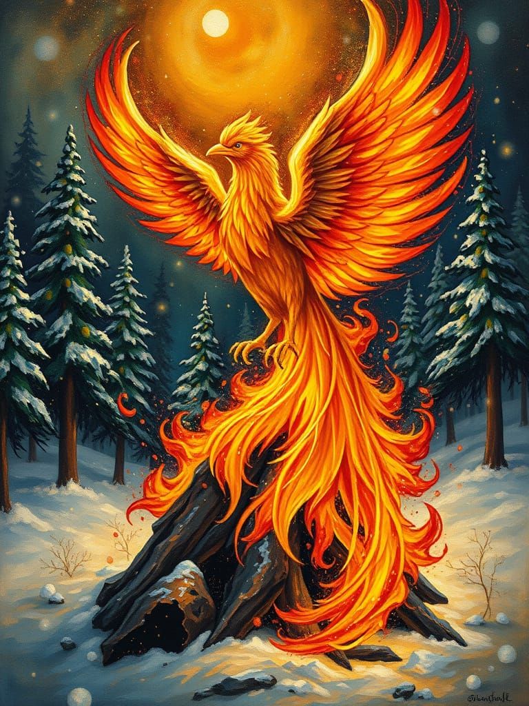 Phoenix Rises from Cosmic Pyre in Expressionist Style