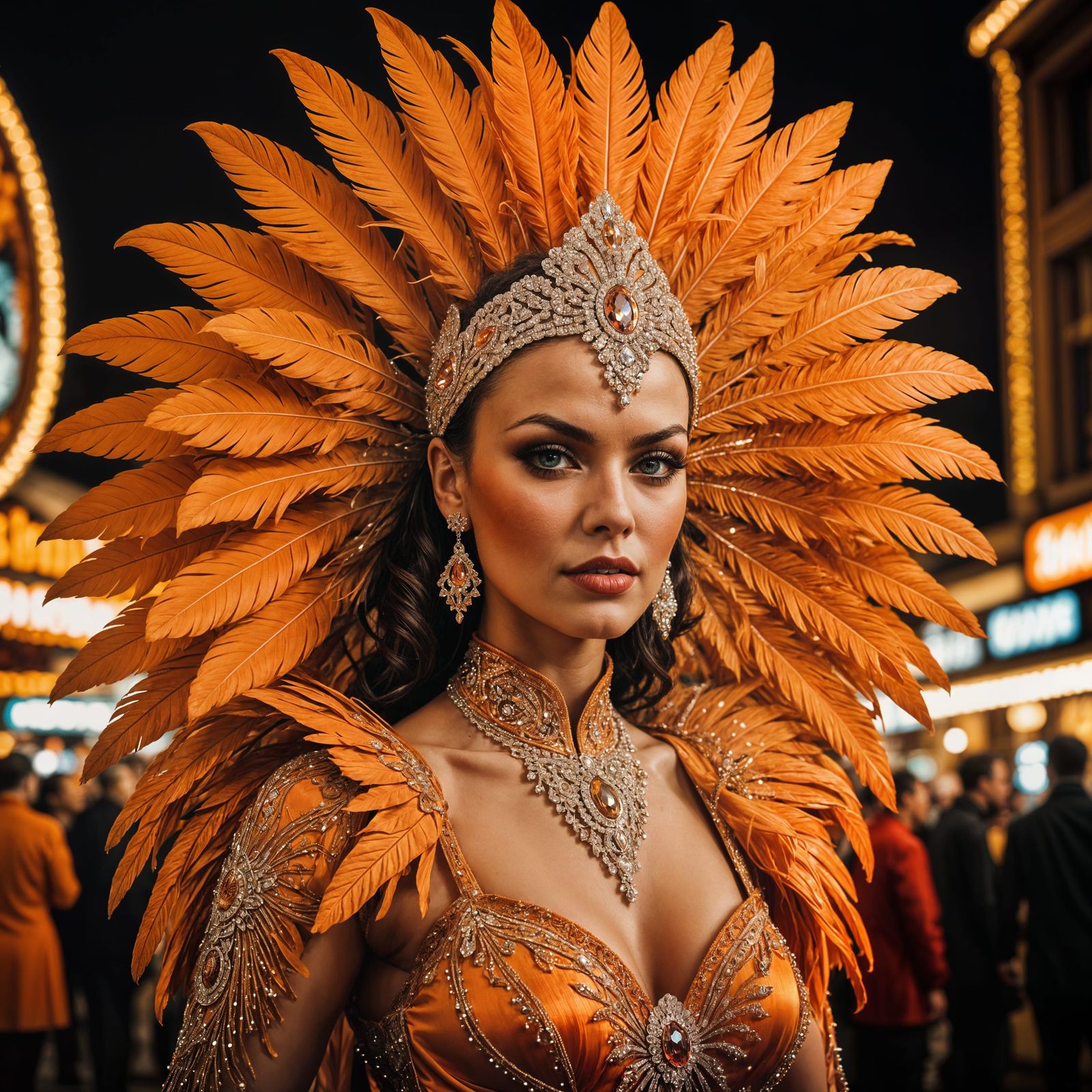 Hyperrealistic Showgirl in Orange, Sharp Focus