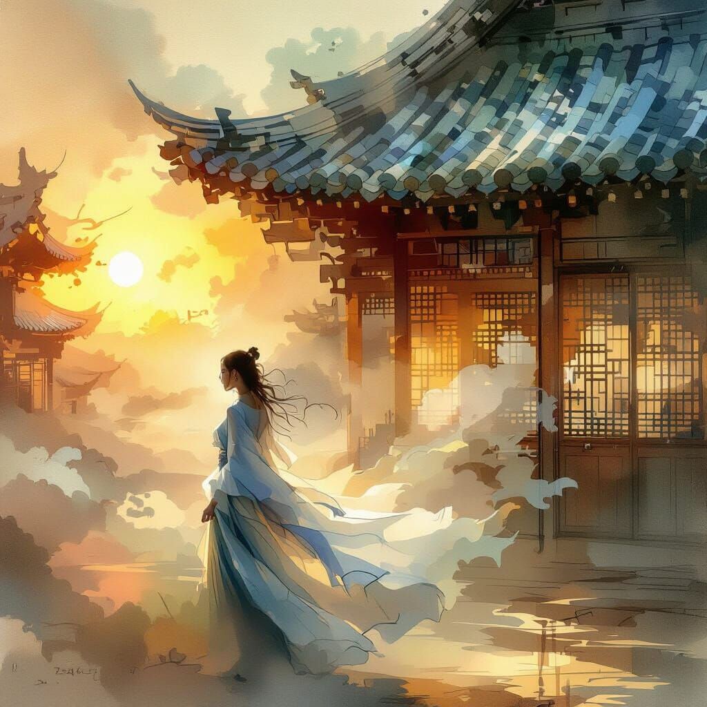 Ethereal Woman in Flowing Skirt, Watercolor Style