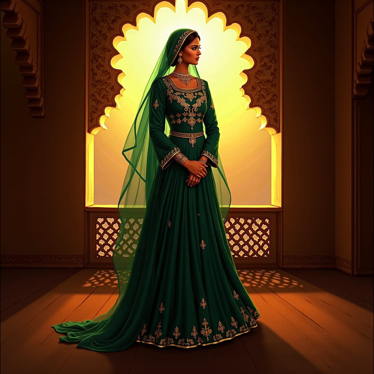 Mughal Woman in Emerald Velvet Anarkali Suit