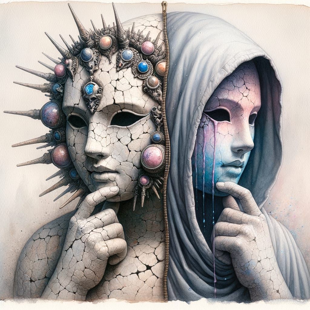 Cracked Ceramic Figure Reveals Dual Identity in Watercolor